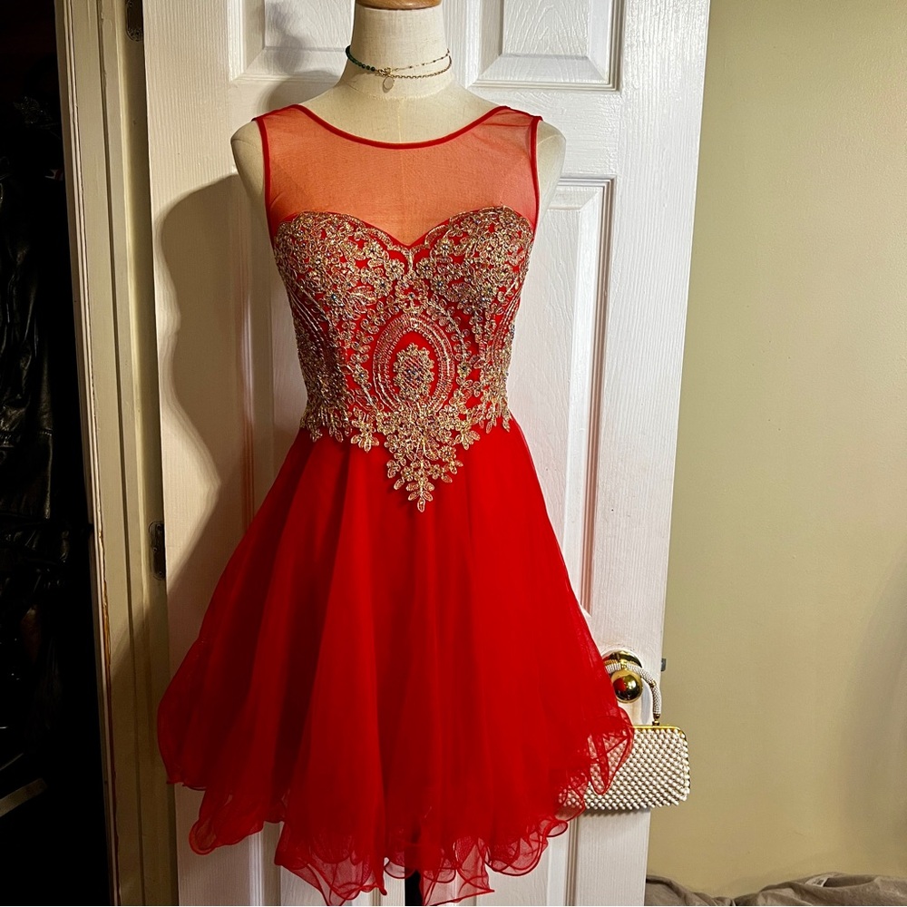 New Babyonline Wms Red Gold Floral Appliqué Embroidery Fit&Flare‎ Party Dress XS - Picture 2 of 13